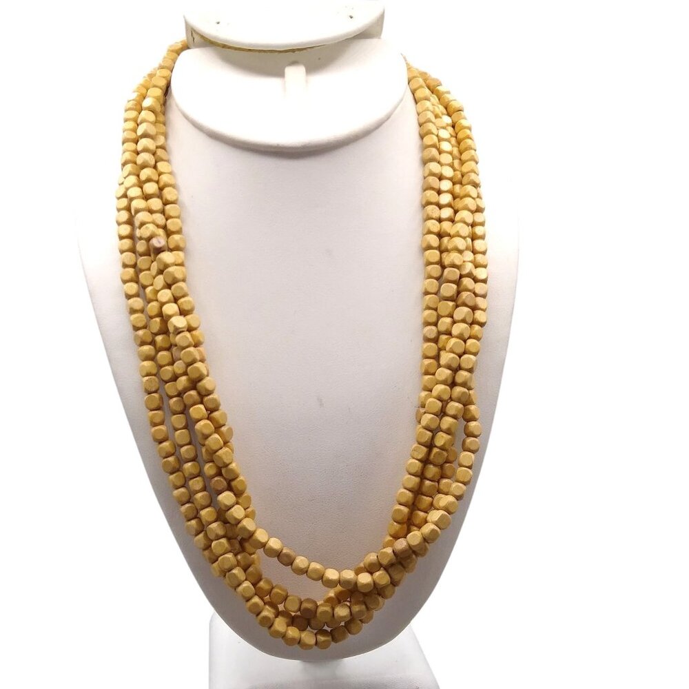 Beige Boxwood Torsade Necklace, Triple Strand Wooden Cubes, Small Lightweight